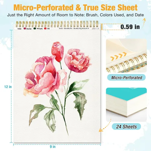 Miniatura 2 de Bloc de papel de acuarela de 9 x 12 pulgadas, encuadernado en espiral con línea de desgarro, 24 hojas (140 libras/10.58 oz): suministros de arte
