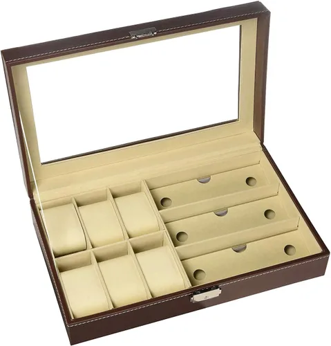 Miniatura 11 de AUTOARK AW-004 - Caja de cuero para 6 relojes y 3 lentes y gafas de sol con organizador de joyas, cajas de almacenamiento para hombre y mujer, tapa