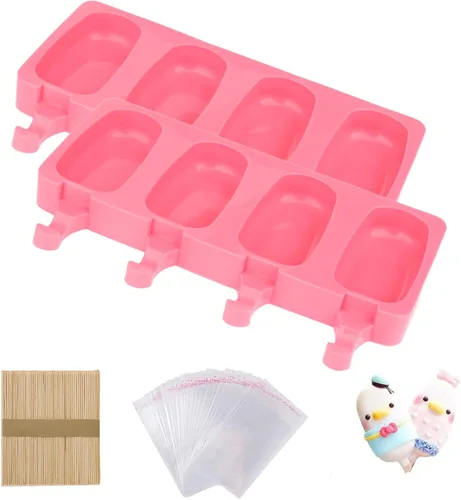 Miniatura 7 de Juego de 2 moldes de silicona para helado con 50 palitos de madera y 50 bolsas para paletas de bricolaje (azul + rojo)