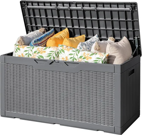 Miniatura 19 de Flamaker Caja de almacenamiento para exteriores de 80 galones, caja de resina impermeable para cubierta con textura de madera, caja de entrega