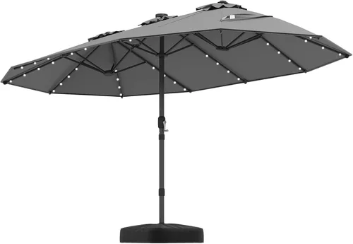Miniatura 10 de Tangkula Sombrilla solar de doble cara de 13 pies para patio, sombrilla individual extragrande para exteriores con 36 luces LED, parte superior Beige