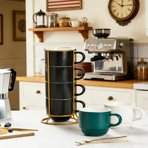 Miniatura 5 de YHOSSEUN Juego de 4 tazas de café apilables de porcelana con estante, tazas de café expreso con cucharas de soporte, tazas de café demitasse de 11