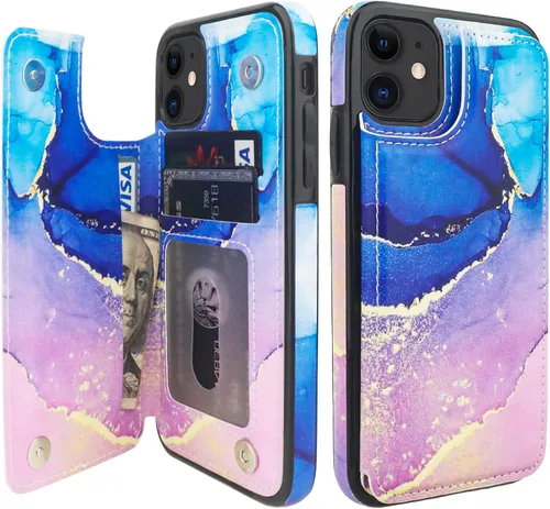 Miniatura 17 de HAOPINSH Funda tipo cartera para iPhone 11 con portarjetas, patrón de mármol rosa azul con tapa trasera plegable, funda de cuero PU con soporte