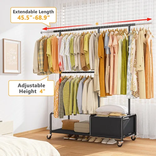 Miniatura 6 de Raybee Percheros para colgar ropa, perchero ajustable con ruedas bloqueables, estantes de almacenamiento, estante multifuncional para dormitorio