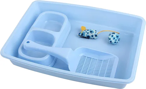 PAWISE Juego de 5 piezas de caja de arena para gatos recién nacidos, bandeja de arena para gatos poco profundos, cuencos de alimentación, kit de Azul