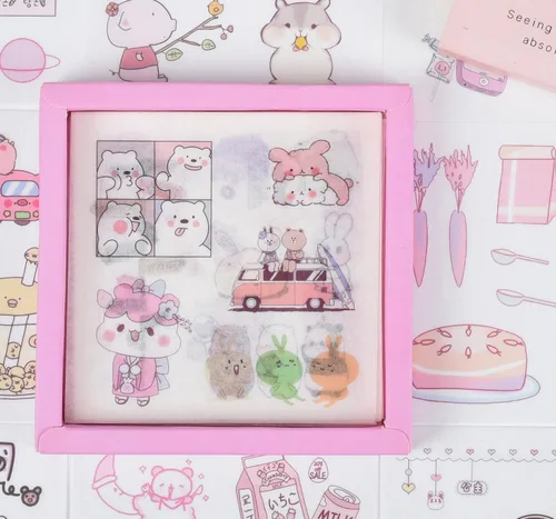 Miniatura 10 de Juego de calcomanías kawaii (100 hojas) - Lindas calcomanías transparentes de animales de dibujos animados y flores para álbum de recortes, Doudou