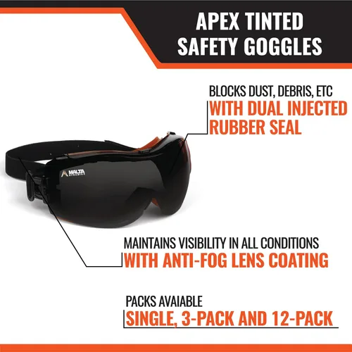 Miniatura 3 de Malta Dynamics APEX - Gafas de seguridad ANSI Z87 resistentes a la niebla para construcción, gafas protectoras antiarañazos Teñido