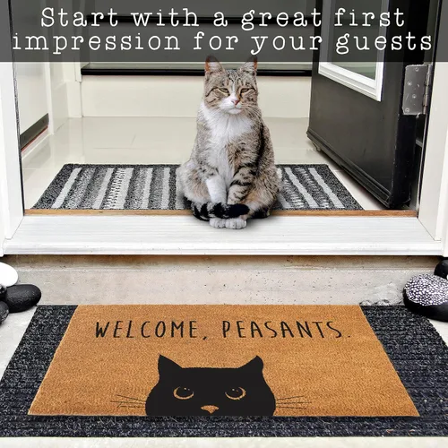 Miniatura 6 de Felpudo de bienvenida con diseño de campesinos y gatos de 30 x 17 pulgadas, divertido tapete de puerta de gato negro para áreas cubiertas, divertido