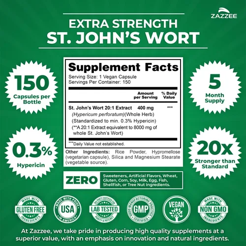 Miniatura 2 de Zazzee Extracto 20:1 de hierba de San Juan extra fuerte, 8000 mg de fuerza, 0.3% de hipericina, 150 cápsulas veganas, suministro de 5 meses