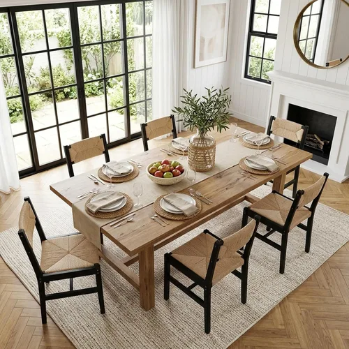 Miniatura 12 de Juego de 2 sillas de comedor de ratán modernas de mediados de siglo, sillas de cocina de madera de haya negra, sillas de comedor tejidas de granja
