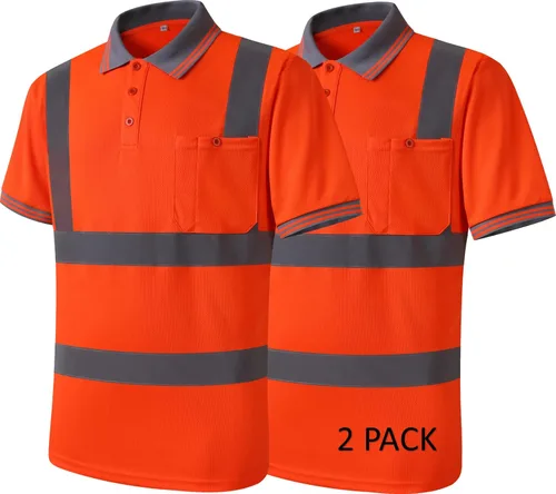Paquete de 2 polos de seguridad naranja con reflejo retro, camisa de manga corta para trabajos de construcción de alta visibilidad, ANSI/ISEA