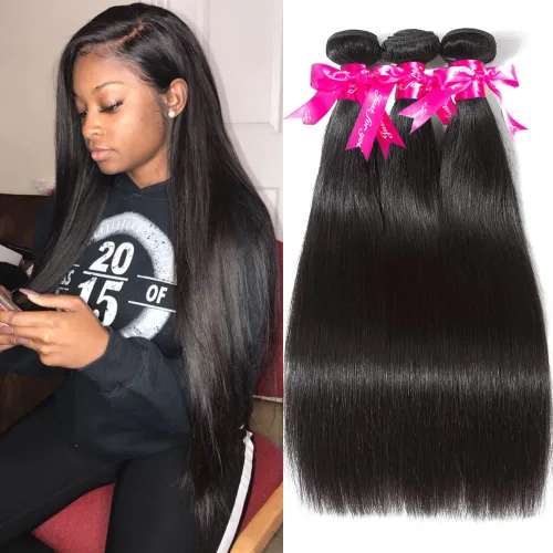 Miniatura 12 de Subella 3 manojos de cabello humano brasileño lacio, grado 10A, virgen, sin procesar, color negro natural (8, 10, 12 pulgadas)
