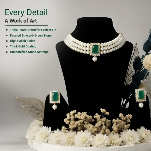Miniatura 3 de I Jewels Gold Plated Stone Pearl Choker Necklace Jewelry Set of 2 with Stud Earrings for Women Indian Traditional Festive Wedding Bridal Bollywood