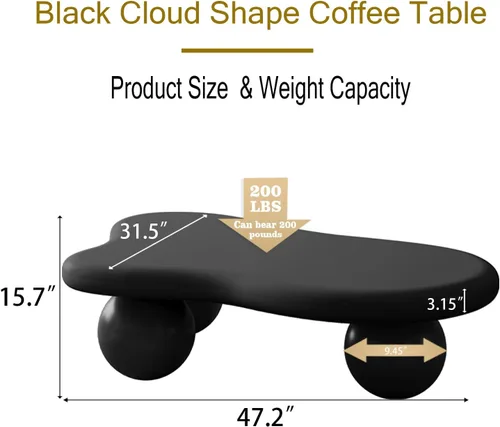 Mesa de centro Cloud de 47.2 pulgadas con 3 patas de bola, moderna mesa central irregular para sala de estar, mesa de té pequeña baja y bonita de