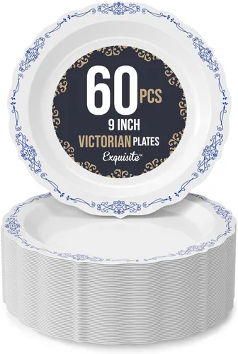 Miniatura 8 de SIZENAME - Platos de plástico desechables, diseño victoriano de calidad premium, color crema, para fiestas y bodas, 60