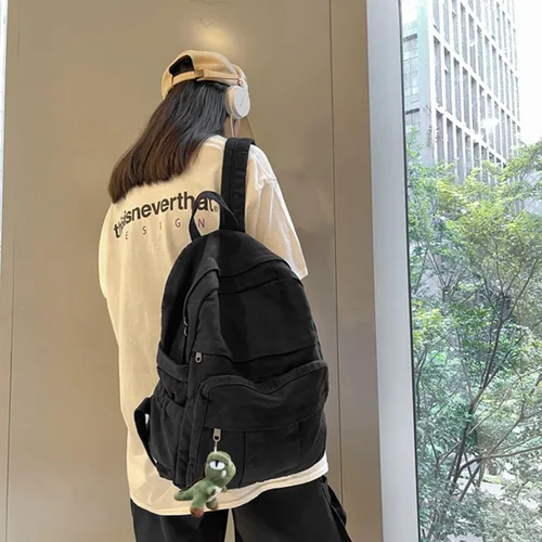 Miniatura 6 de Mochila de lona para laptop, mochila de viaje estética retro vintage para mujeres y hombres (negro)