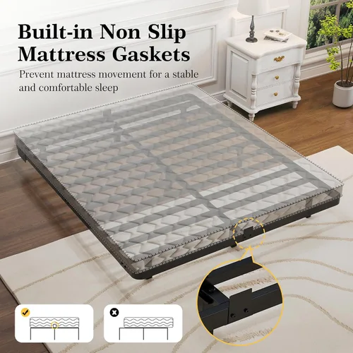 Miniatura 5 de Base de cama flotante con luces LED y estación de carga - Base de cama moderna de plataforma metálica con juntas de colchón - Libre de ruido,