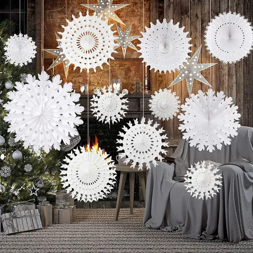 TUPARKA Decoraciones de papel blanco con copos de nieve, suministros de fiesta de cumpleaños de Frozen, decoración de fiesta de invierno del país de