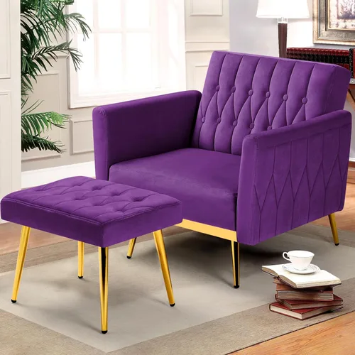 Miniatura 2 de Silla de terciopelo Accent con apoyabrazos y respaldo ajustables, sillón de ocio con botones acolchados, sillón reclinable individual con otomano