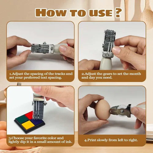 Miniatura 5 de Sellos de fecha de huevo para huevos frescos, con una almohadilla de tinta de cuatro colores, 50 Instrucciones de huevos frescos de granja, Kit
