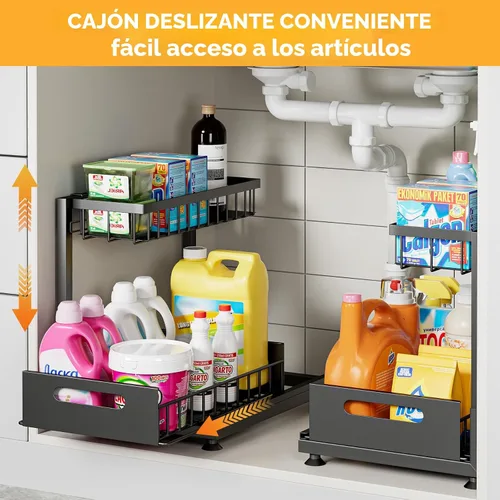 Miniatura 9 de Saydear Organizador de almacenamiento para debajo del fregadero, organizador de armario de cocina extraíble de 2 niveles con cajón deslizante, Negro