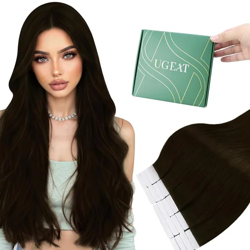 Miniatura 14 de Ugeat - Extensiones de cabello humano con cinta adhesiva, color marrón, extensiones de cabello humano, color marrón oscuro a rubio caramelo, Cinta