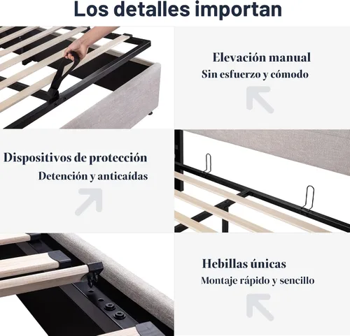 Miniatura 6 de Allewie Cama de almacenamiento elevable tamaño Queen, cabecera moderna con respaldo alado, soporte hidráulico, no necesita somier, color beige claro