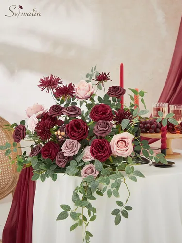 Miniatura 2 de Serwalin Flores de seda, flores artificiales burdeos para decoración de boda, rosas falsas rosas rosas y rojas con tallos y caja de vegetación, A