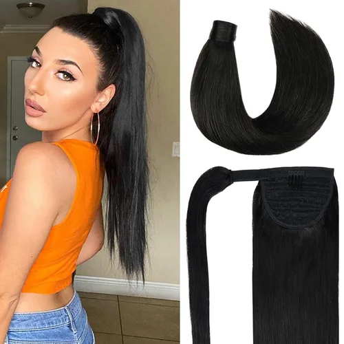 Miniatura 9 de Extensión de cola de caballo de cabello humano #4 marrón chocolate 100% Remy, extensión de cola de caballo recta envolvente alrededor de colas