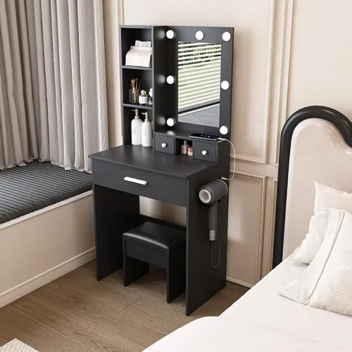 Miniatura 3 de Escritorio de tocador de 7 bombillas con espejo y luces LED ajustables, mesa de maquillaje de 23.62 pulgadas con toma de corriente y taburete