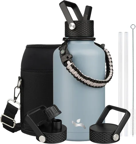Miniatura 121 de Konokyo - Botella de agua aislada de 18 onzas, botellas deportivas de acero inoxidable con 3 tapas, verde militar