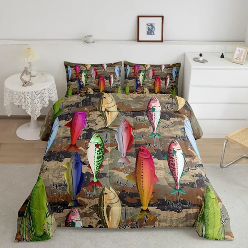 Miniatura 15 de Erosebridal Juego de ropa de cama de pesca tamaño individual, juego de edredón de peces coloridos para niños, adolescentes, hombres, pescadores