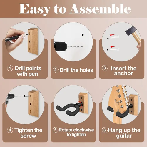 Miniatura 5 de DOMMI Juego de 4 colgadores de pared para guitarra, colgador de guitarra con gancho giratorio suave para guitarras de todos los tamaños, soporte