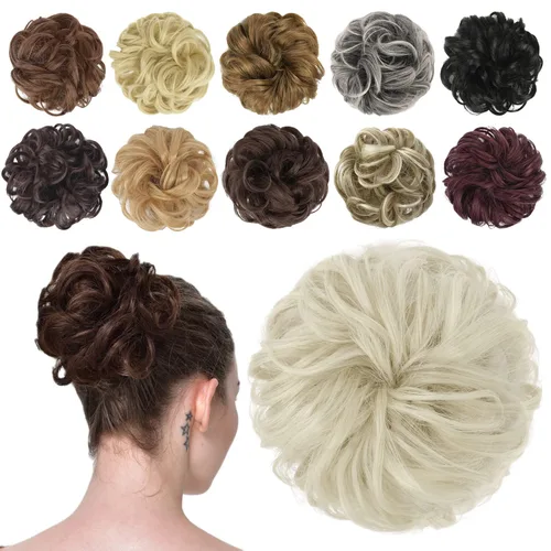 Miniatura 10 de FESHFEN Pieza de Cabello de Moño Desordenado - Extensiones Elásticas Onduladas Rizadas de Moño Scrunchies Sintético Chignon Postizos para Mujeres
