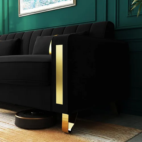 Miniatura 4 de Sofá cama modular de tela de terciopelo de 85.62 pulgadas, 3 asientos, fácil de montar con 2 almohadas de sofá, patas de metal dorado para sala