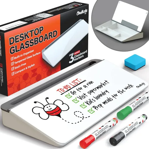 Miniatura 11 de Chalkola Pizarra blanca de escritorio de vidrio negro con almacenamiento, pizarra de borrado en seco, organizadores de escritorio de trabajo