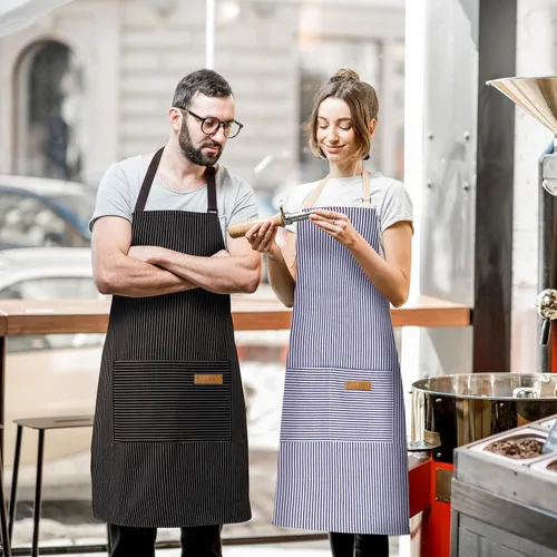 Miniatura 5 de BeLuyi - Paquete de 2 delantales ajustables con peto, delantales de chef para cocina, restaurante, con 2 bolsillos, delantales para mujeres
