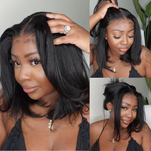 Miniatura 28 de UNICE Yaki Peluca Bob Recta de Cabello Humano con Cordón Adiós Nudos Sin Pegamento 7x5 Pelucas Frontales de Encaje de Cabello Humano Pre Desplumadas