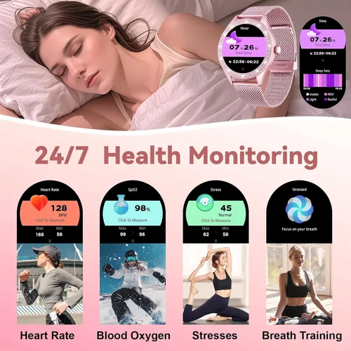 Miniatura 5 de Reloj inteligente para mujer – Hacer/responder llamadas, reloj de fitness impermeable IP67 de 1.32 pulgadas con monitor de sueño de frecuencia