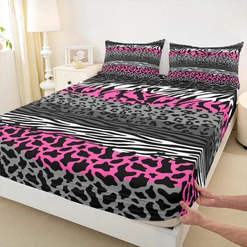 Miniatura 10 de Sábana bajera ajustable con estampado de leopardo, tamaño individual, juego de ropa de cama rústica con rayas de piel de cebra, decoración