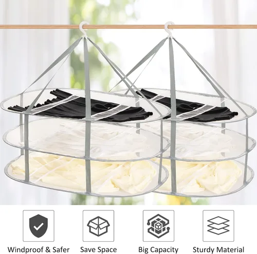 Miniatura 4 de Paquete de 2 estantes de secado de 3 niveles plegables con malla para colgar ropa, estante para secar suéteres, estante grande para secar ropa
