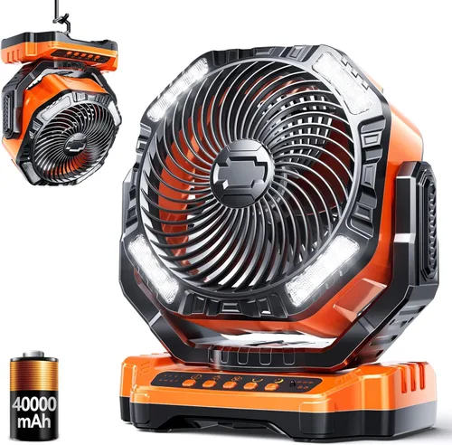 Miniatura 9 de Ventilador de campamento de 20000 mAh con luz LED, ventilador de escritorio oscilante automático con control remoto y gancho, ventilador de tienda