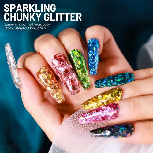 Miniatura 6 de LEOBRO Purpurina holográfica gruesa – 15 colores para manualidades de resina, uñas, cuerpo y joyería – con 10 cucharas mezcladoras