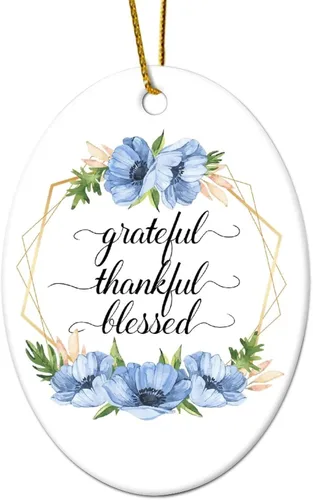 Miniatura 11 de Adornos de Navidad con cita de corona de flores, adorno ovalado de porcelana de Grateful Thankful Blesed, decoración de árbol de Navidad, regalos