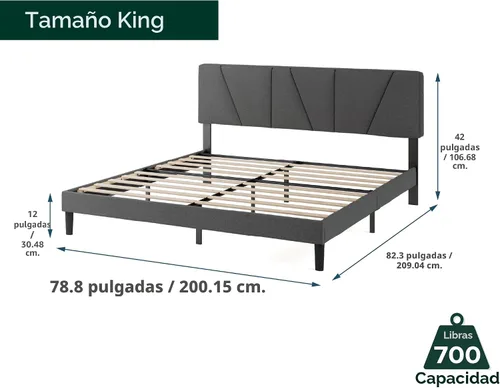 Miniatura 2 de Zinus Marco de cama tapizado King Maya con cabecera asimétrica, listones de madera duraderos, marco resistente, sueño sin ruido, no necesita somier
