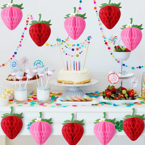 Miniatura 2 de Epakh 14 piezas de decoración de fiesta de fresa de 6 pulgadas, pompones de seda, bolas de panal, faroles de fresa de papel, guirnalda para pastel