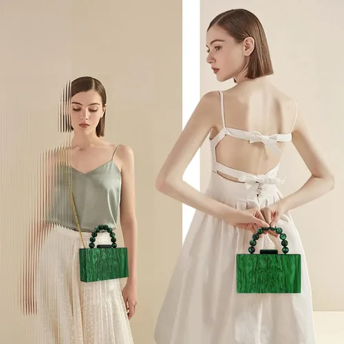 Miniatura 6 de Monederos acrílicos de noche, bolso de mano de mármol para mujer, bolso cruzado con cadena de perlas, formal, boda, fiesta de graduación