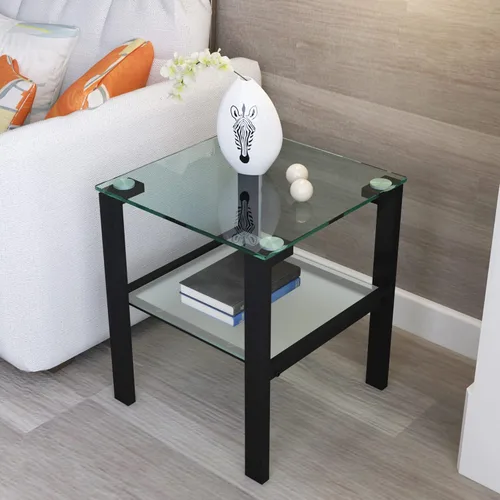 Miniatura 3 de Mesa auxiliar cuadrada de vidrio moderno de 17.72 pulgadas, mesa auxiliar de vidrio templado de 2 capas con 4 patas de tubo de hierro, mesa auxiliar