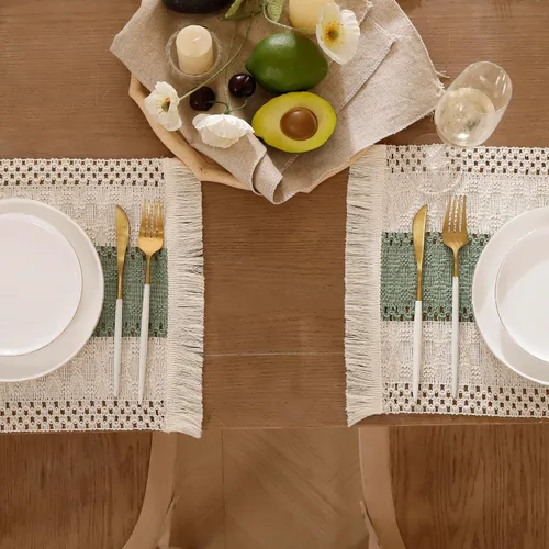 Miniatura 6 de Juego de 4 manteles individuales verdes de macramé para decoración de mesa con flecos, manteles individuales tejidos de arpillera natural para mesa