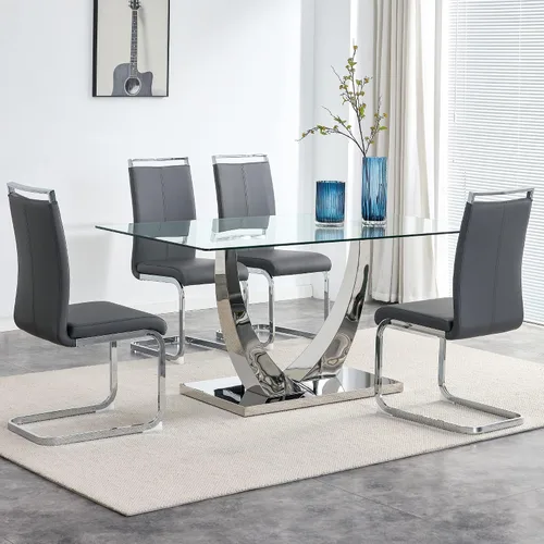 Miniatura 11 de Juego de mesa de comedor de cristal moderno para 4 personas con tapa rectangular de vidrio y 4 sillas de comedor negras de piel sintética, mesa